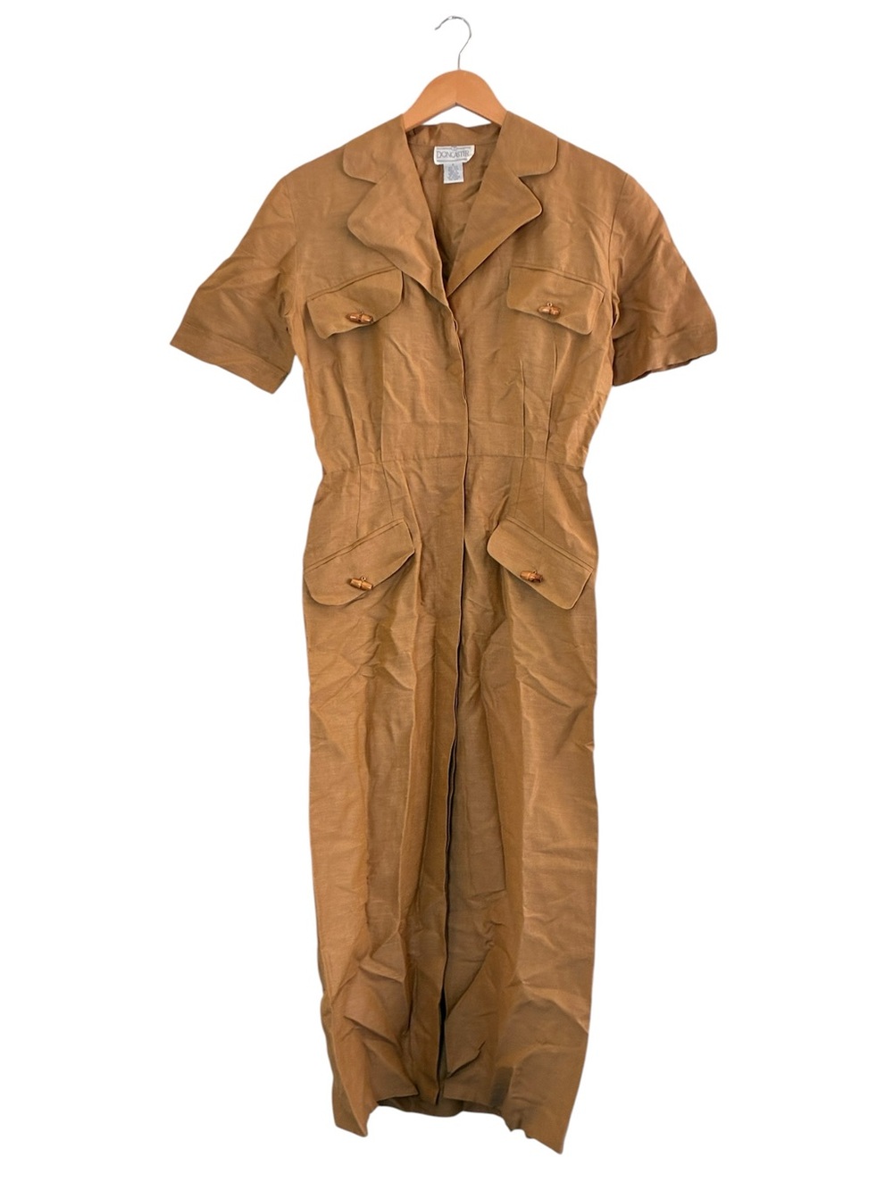 Doncaster | Like new vintage tan silk and linen short sleeve safari shirt dress